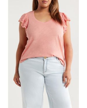 Wit & Wisdom Eyelet Flutter Sleeve V-Neck T-Shirt - Red