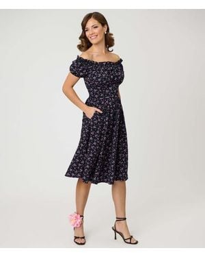 Unique Vintage 1950S Off The Shoulder Ruffle Swing Dress - Blue