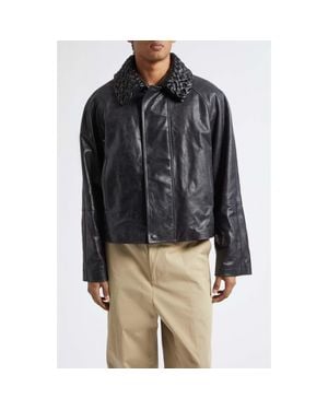 Bottega Veneta Intrecciato Collar Crackled Leather Jacket - Black