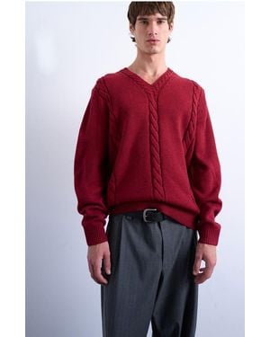 TOPMAN V-Neck Cable Sweater - Red