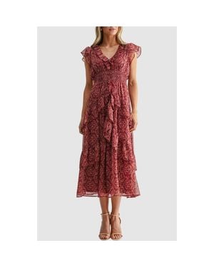 Mila + Mate Flutter Sleeve Frill Maxi Dress - Red