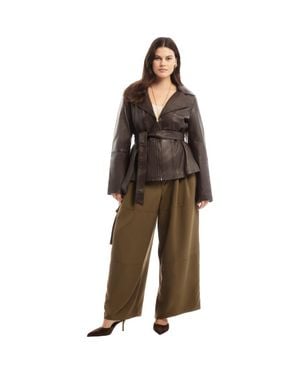 June + Vie High-Low Belted Leather Jacket - Brown