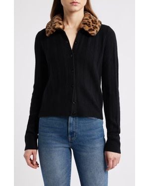 Reformation Hannah Wool Cardigan With Faux Fur Collar - Black