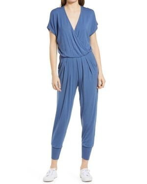 Loveappella Short Sleeve Wrap Top Jumpsuit - Blue