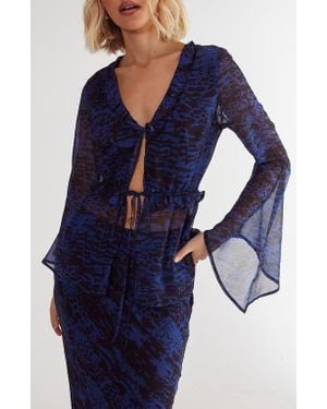 Nasty Gal Snakeskin Print Ruffle Chiffon Top - Blue