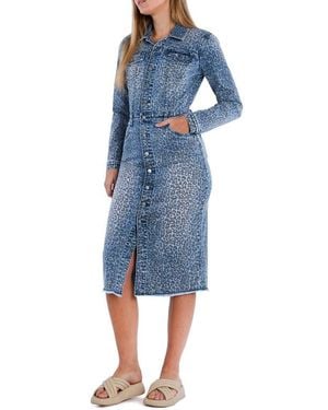 Wash Lab Denim Animal Print Long Sleeve Denim Trucker Shirtdress - Blue