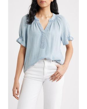 Wit & Wisdom Smocked Embroidered Chambray Top - Blue