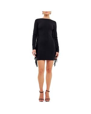 Endless Rose Premium Fringe Long Sleeve Sweater Dress - Black