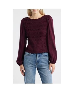Madewell Smocked Boat Neck Long Sleeve Cotton Top - Red