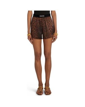 Tom Ford Reflected Leopard Print Stretch Silk Pajama Shorts - Brown