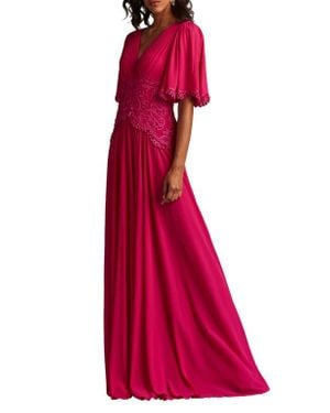 Tadashi Shoji Scroll Lace Detail Flutter Sleeve Chiffon Gown - Red