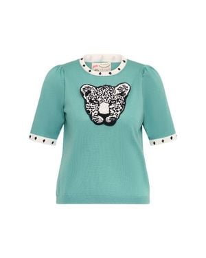 Maison Common Light Pullover With Contrast Piping With Leopard Head Application - Green