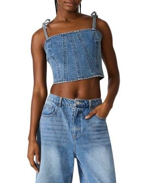 Steve Madden Meaghan Seamed Cotton Blend Denim Crop Top - Blue