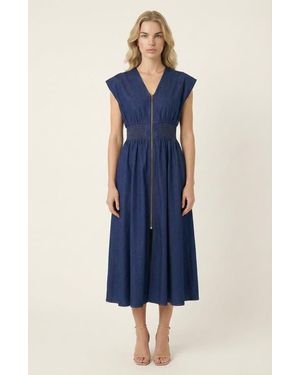 Modenaire Zip Front Midi Dress With Cap Sleeves And Smocked Waist - Blue