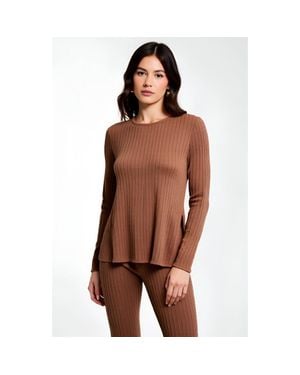 Modenaire Ribbed Knit Long Sleeve Top And Flared Pants Lounge Set With Side Slit Detail - Brown