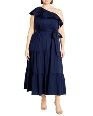 City Chic Kiama Ruffle One-Shoulder Tie Belt Tiered Stretch Cotton Dress - Blue