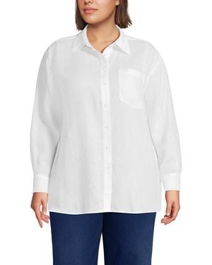 Lands' End Plus Size Linen Oversized Button Front Shirt - White