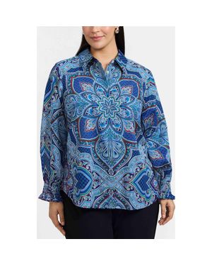 Foxcroft Olivia Printed Smocked Cuff Cotton Button-Up Shirt - Blue