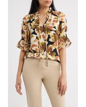 Anne Klein Ruffle Split Neck Top - Natural