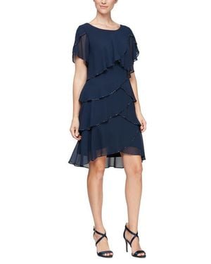 Sl Fashions Bugle Bead Flutter Sleeve Tiered Chiffon Cocktail Dress In Nwn At Nordstrom Rack - Blue