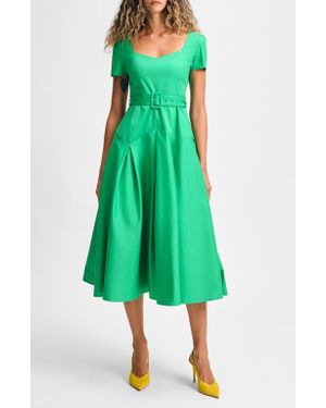 Isaac Mizrahi New York Pleated Belted Fit & Flare Midi Dress - Green