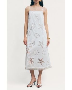 Maude Club Ciel Cotton Eyelet Fringe Trim Midi Dress - White