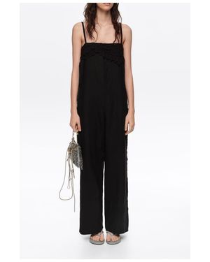 Bimba Y Lola Linen Crochet Neckline Jumpsuit - Black