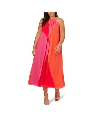 Adrianna Papell Chain Trim Colorblock Chiffon Midi Trapeze Dress - Red