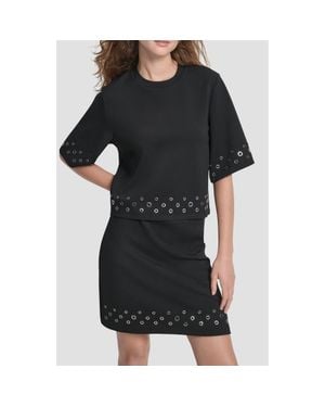 DKNY Grommet Trim Ponte Knit Top - Black