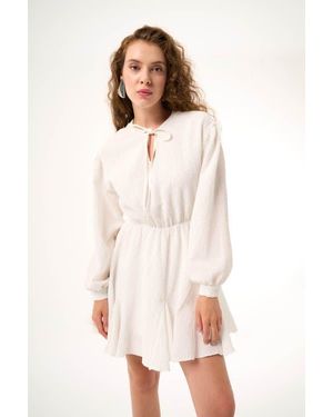 Mizalle Collar Tied Smocked Dress - Pink