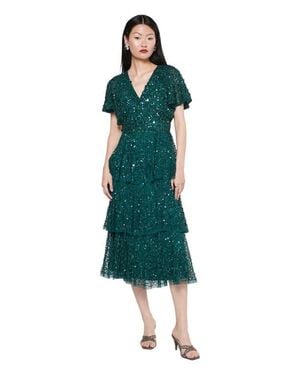 Beauut Occasion Embellished Sequin Beaded Short Sleeves Evening Midi Dress - Green