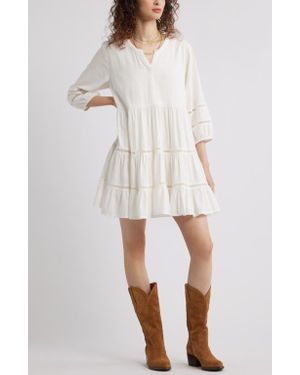 Treasure & Bond Ladder Stitch Accent Linen Blend Tiered Minidress - White