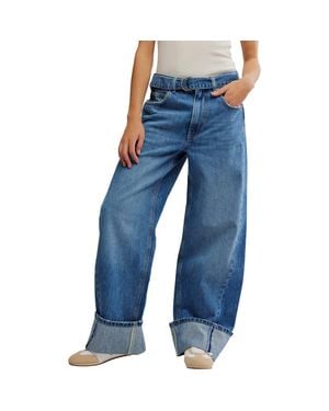 Free People East Bay Belted Cuffed High Waist Wide Leg Jeans - Blue