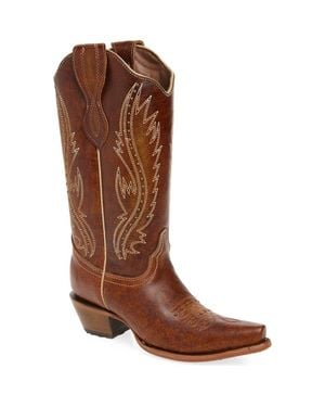 Circle Stud Embroidered Western Boot - Brown