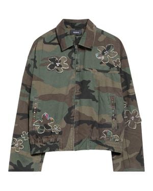 NAHMIAS Crystal Embellished Floral Patch Camouflage Print Cotton Twill Jacket - Green