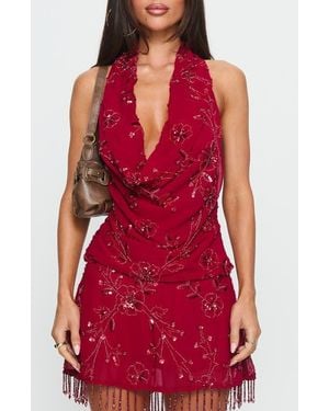 Princess Polly Twilight Zone Beaded Cowl Halter Top - Red