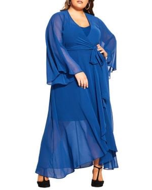 City Chic Long Sleeve Sheer Chiffon Maxi Wrap Dress - Blue