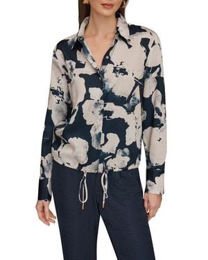 Donna Karan Drawstring Hem Long Sleeve Shirt - Blue