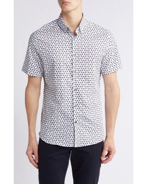 Stone Rose Bee Print Short Sleeve Stretch Button-Up Shirt - White