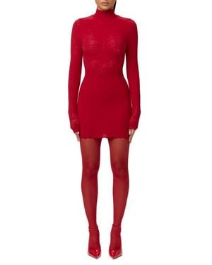 Naked Wardrobe Scalloped Long Sleeve Lace Minidress - Red