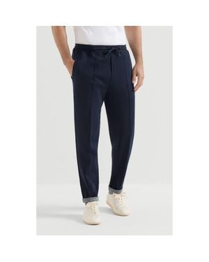 Brunello Cucinelli Cotton, Cashmere And Silk French Terry Double Cloth Pants With Crête Detail - Blue