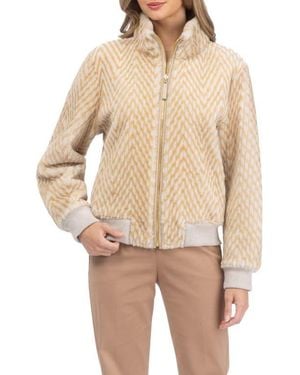 Gorski Reversible Chevron Printed Grooved Genuine Shearling Bomber Jacket - Natural