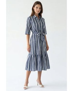 Exquise Darcio Shirt Collar Short Sleeve Belted Midi Dress - Blue