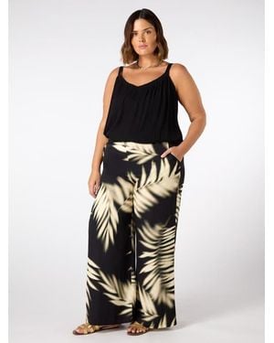 Live Unlimited Leaf Print Wide Leg Pull On Pants - Black