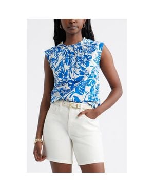 Caslon Floral Print Ruffle Trim Cotton Top - Blue