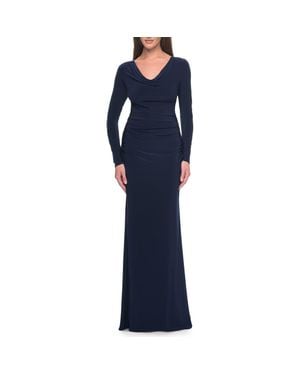 La Femme Long Jersey Evening Dress With Draped Neckline - Blue