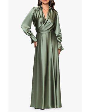 Xscape Evenings Spread Collar Long Sleeve Satin Gown - Green