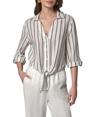 Donna Karan Yarn Dye Stripe Crop Linen Blend Button-Up Shirt - White