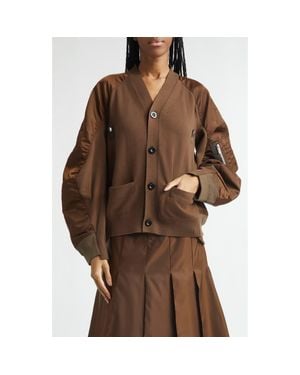 Sacai Mixed Media Knit & Nylon Twill Cardigan - Brown