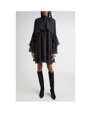 Veronica Beard Adlington Ruffle Detail Long Sleeve Silk Chiffon Dress - Black